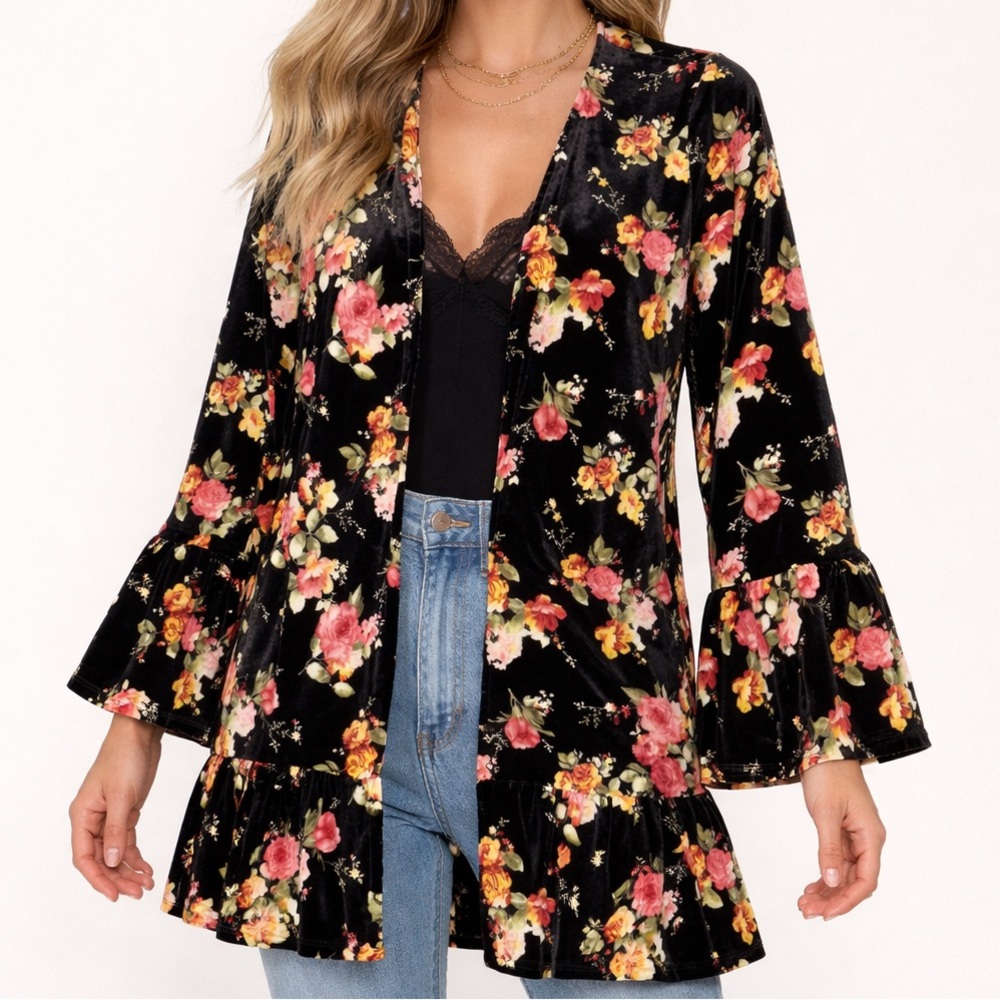 Easel | Velvet Floral Kimono Bell Sleeve Feminine Festival Size Large